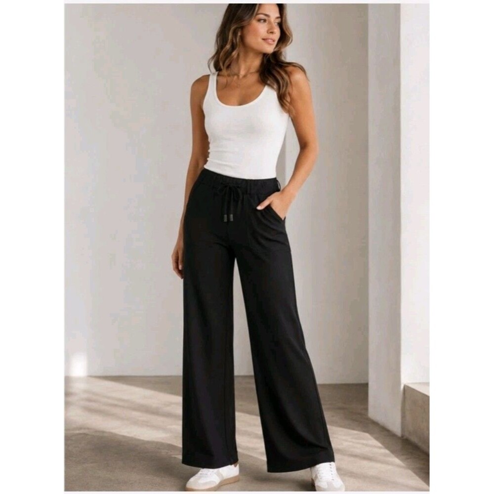 New Democracy Ab Leisure Women’s Black High Rise Ponte Wide Leg Pants Size L New